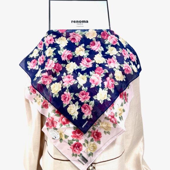 New in Box 2 RENOMA PARIS Mouchairw Cotton Scarf Pocket Square 18" Floral (33 - Picture 3 of 12